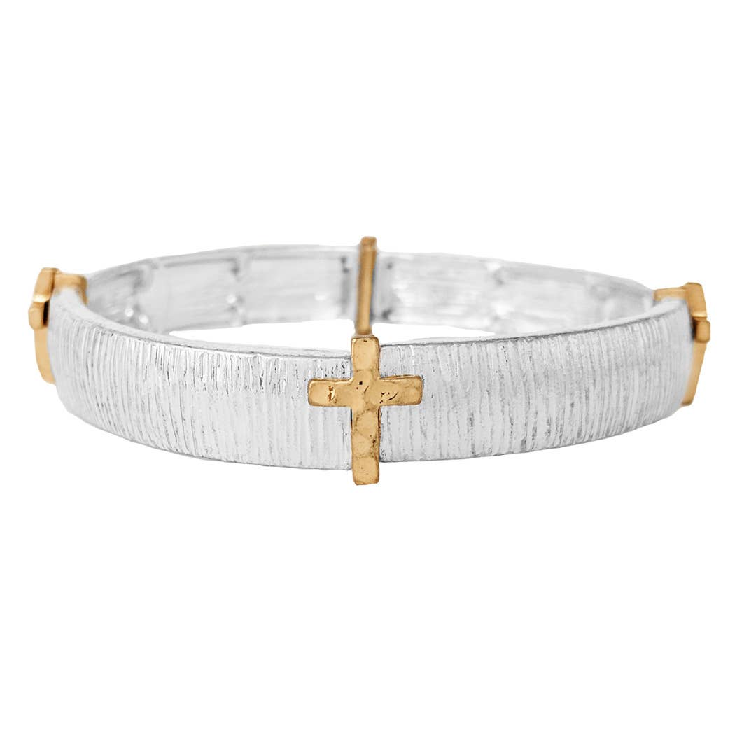 Two tone cross metal stretch bracelet