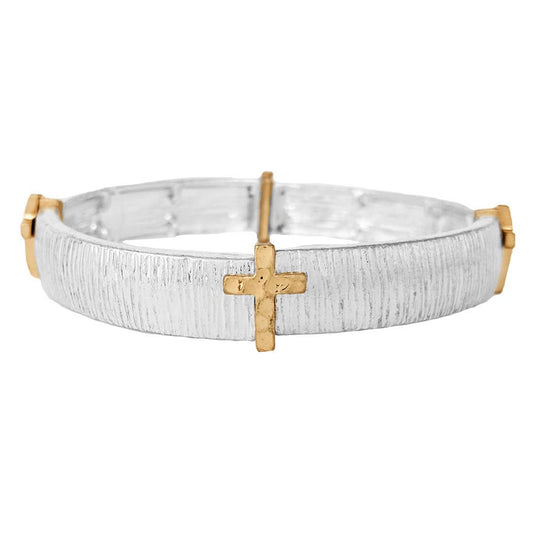 Two tone cross metal stretch bracelet