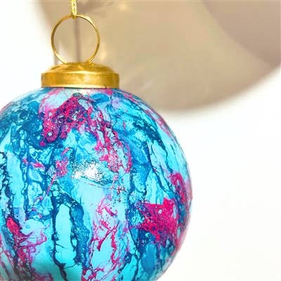 TURQ/PINK WATERCOLOR GLASS BALL ORNAMENT 6"