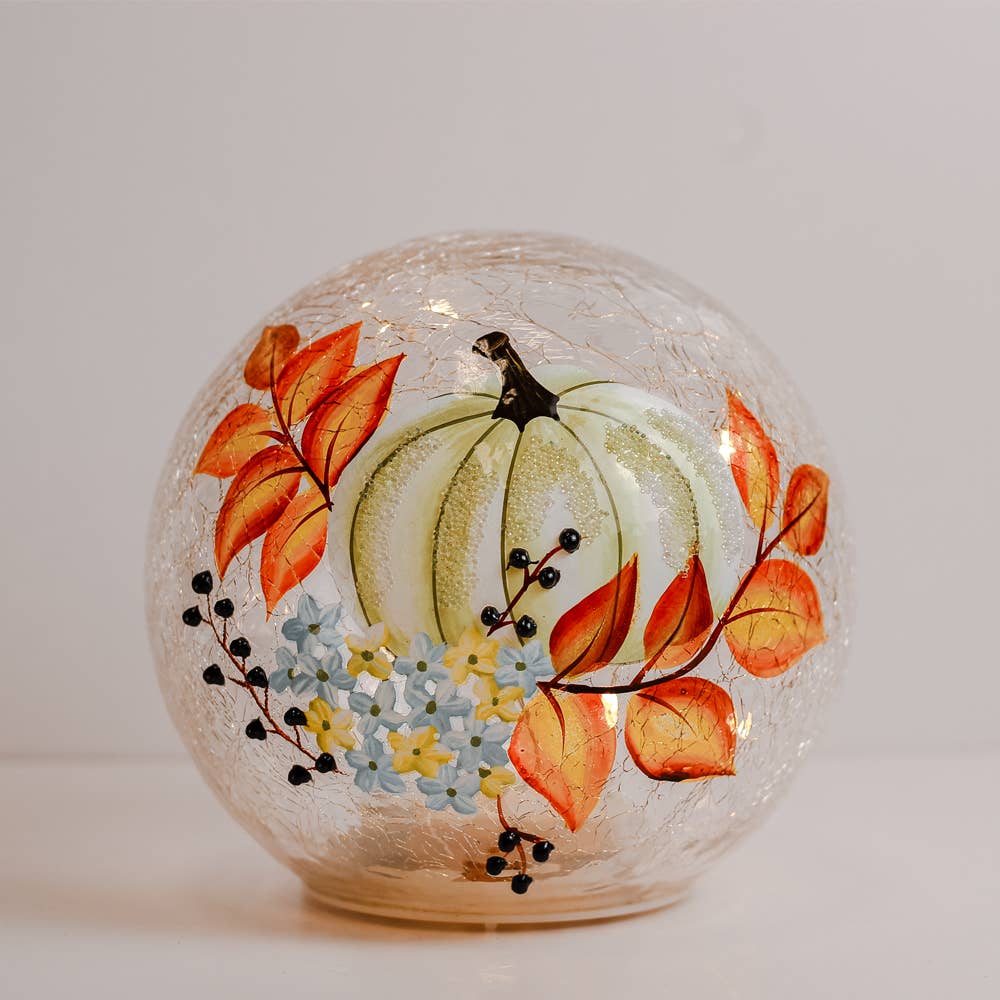 White Pumpkin Glass Orb with LED String Lights