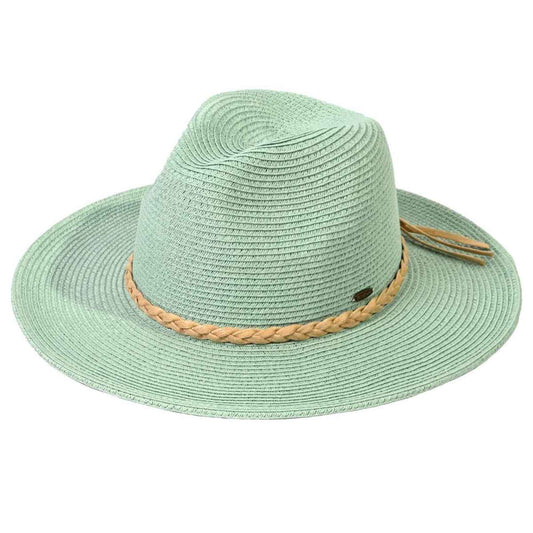 Brim Panama Hat With Braided Cord Detail: Mint Beige