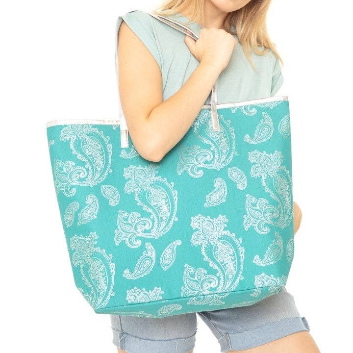 Gold Foil Paisley Beach Bag: Turquoise