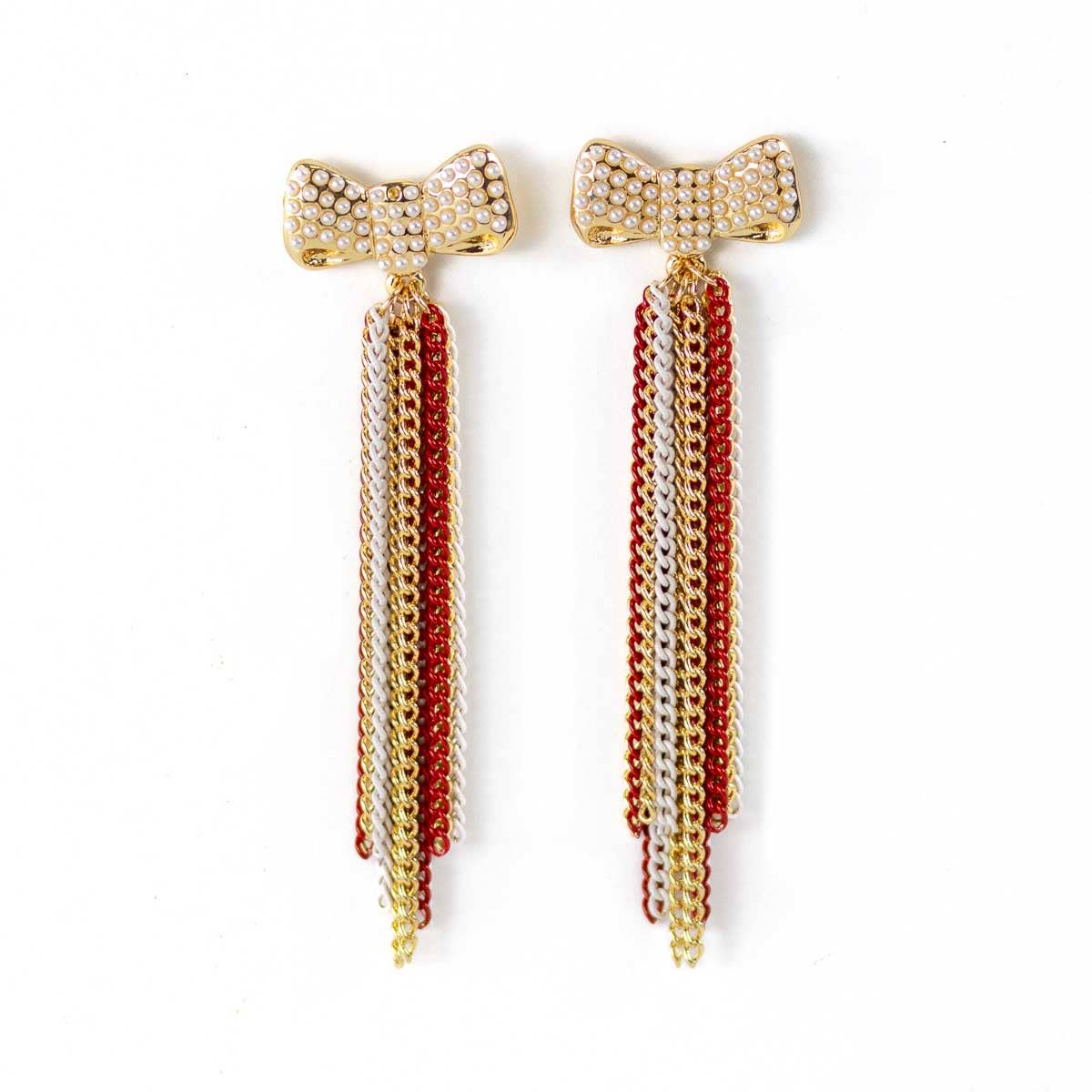 Bow Dangle Earrings Red/White/Gold 3"