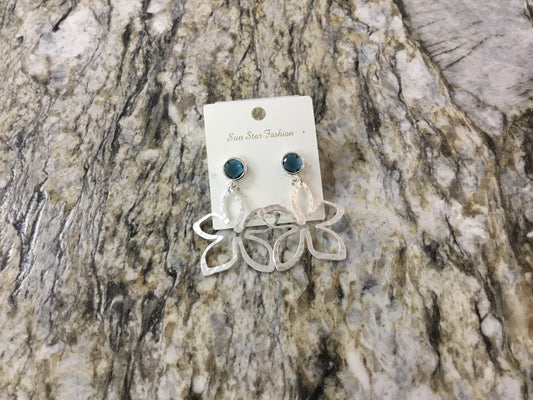 Hammered Flower Silver w/ Blue Stone Earrings