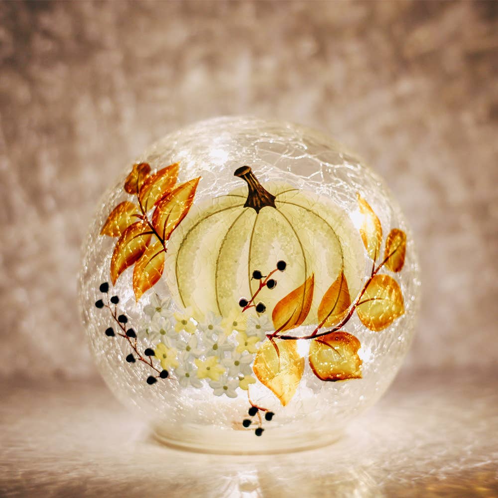 White Pumpkin Glass Orb with LED String Lights