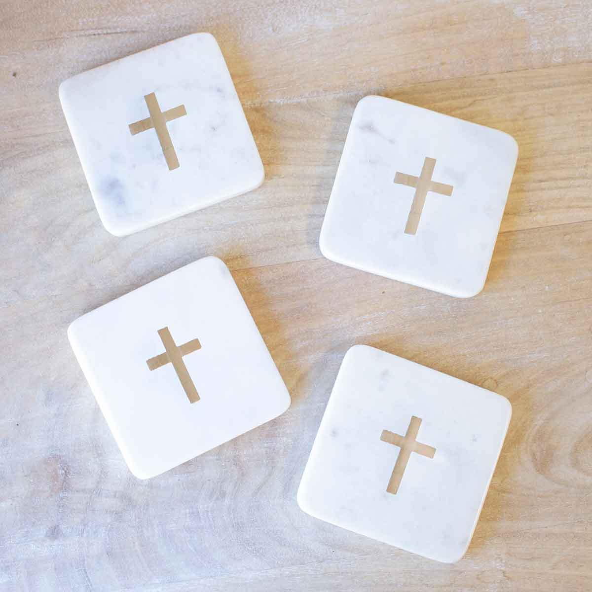 Cross Marble Coasters White/Brass 4x4 Set of 4