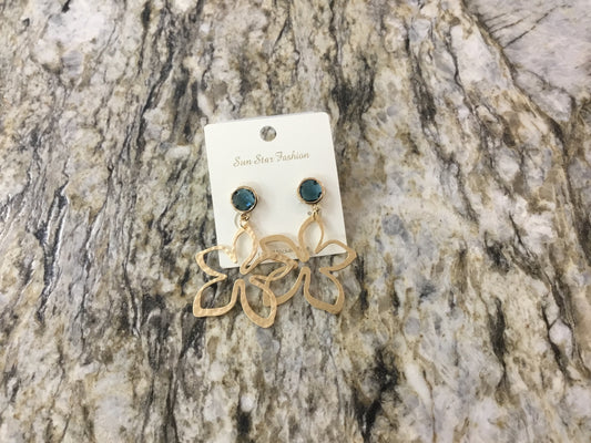 Hammered Flower Gold w/ Blue Stone Earrings