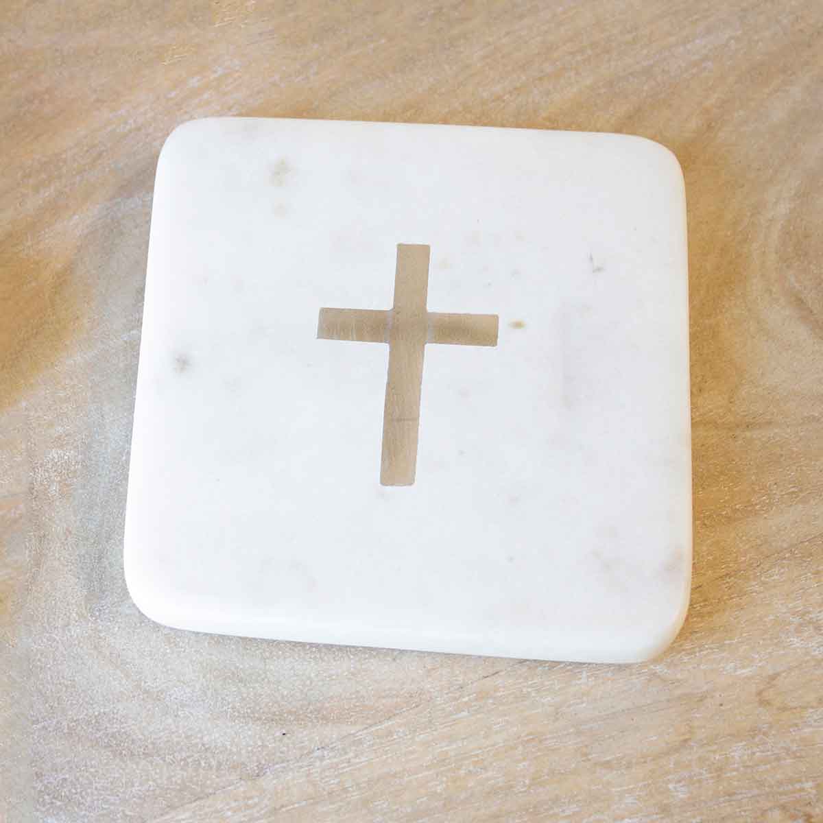 Cross Marble Coasters White/Brass 4x4 Set of 4