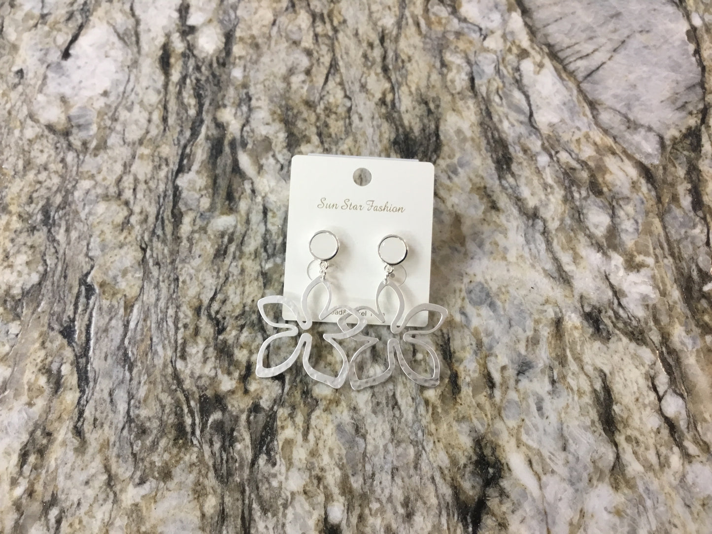 Hammered Flower Silver with White Stone Earrings