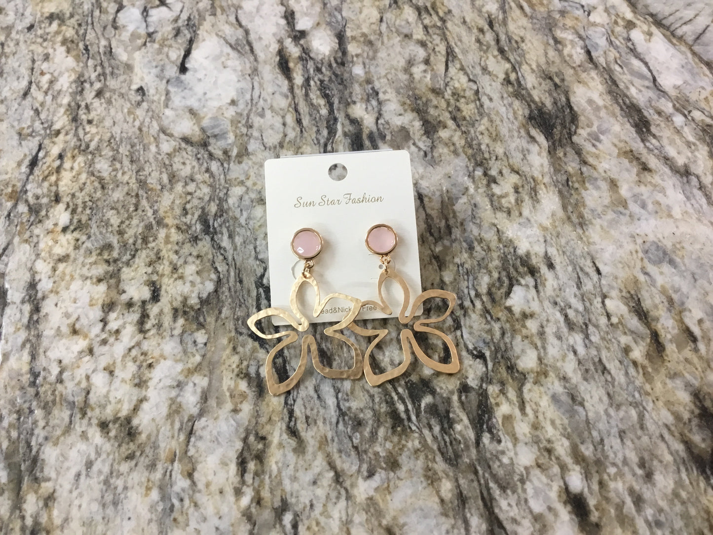 Hammered Flower Gold w/ Pink Stone Earrings