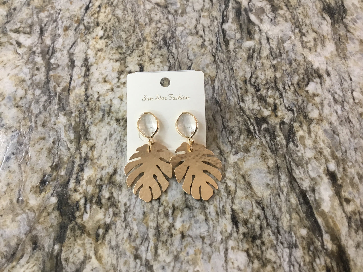 Monstera Leaf Gold w/ Clear Crystal Earrings