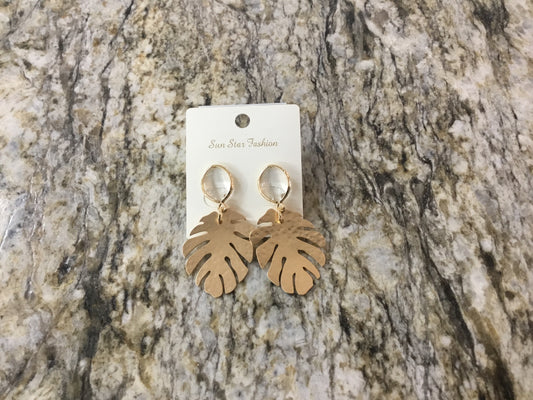 Monstera Leaf Gold w/ Clear Crystal Earrings