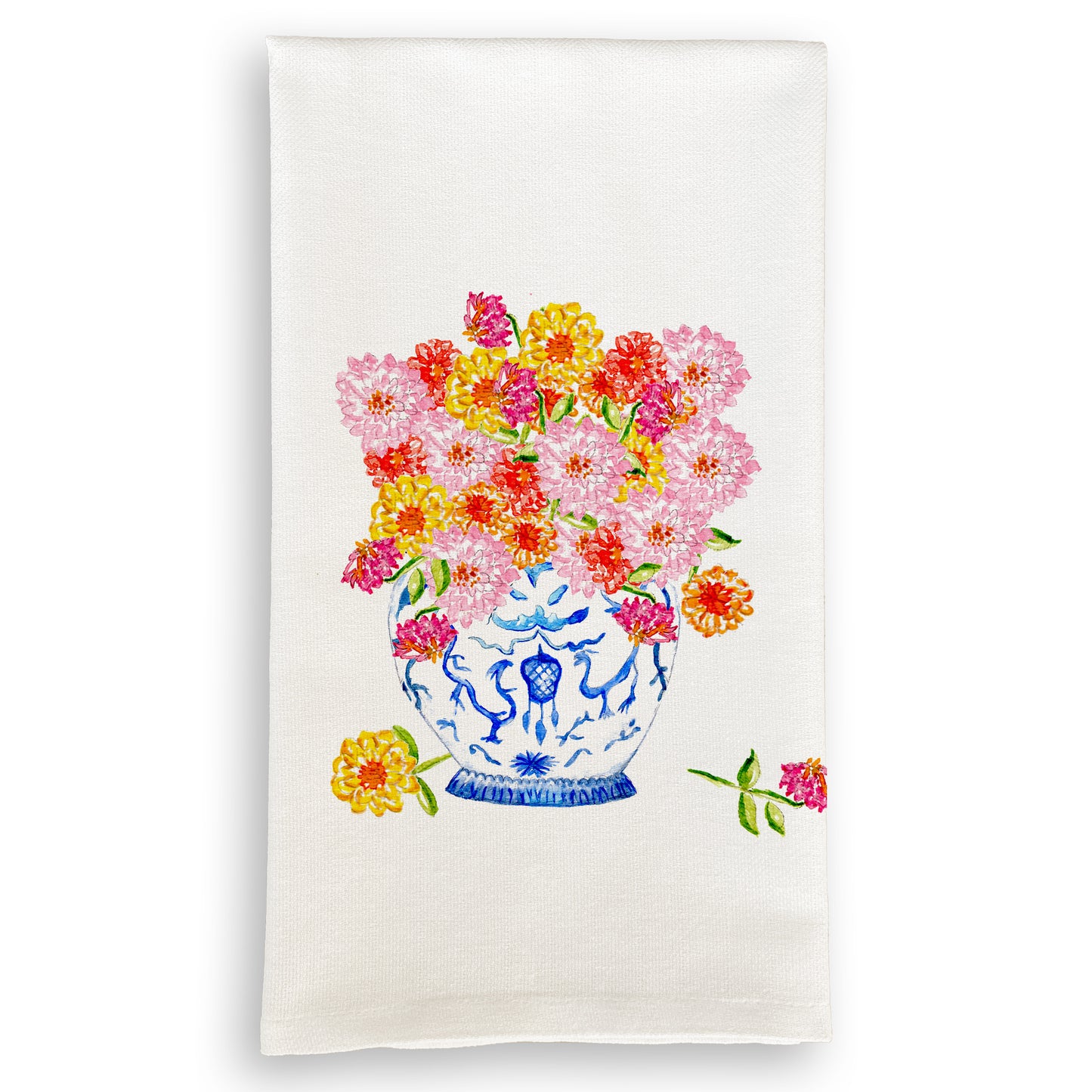 Blue & White Ginger Jar w/ Fresh Zinnia's Dish Towel