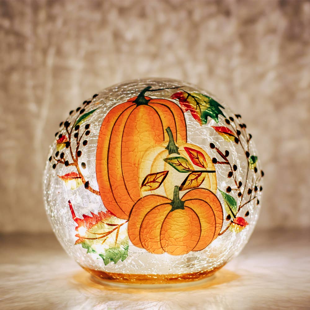 Harvest Pumpkin Glass Orb with LED Sting Lights