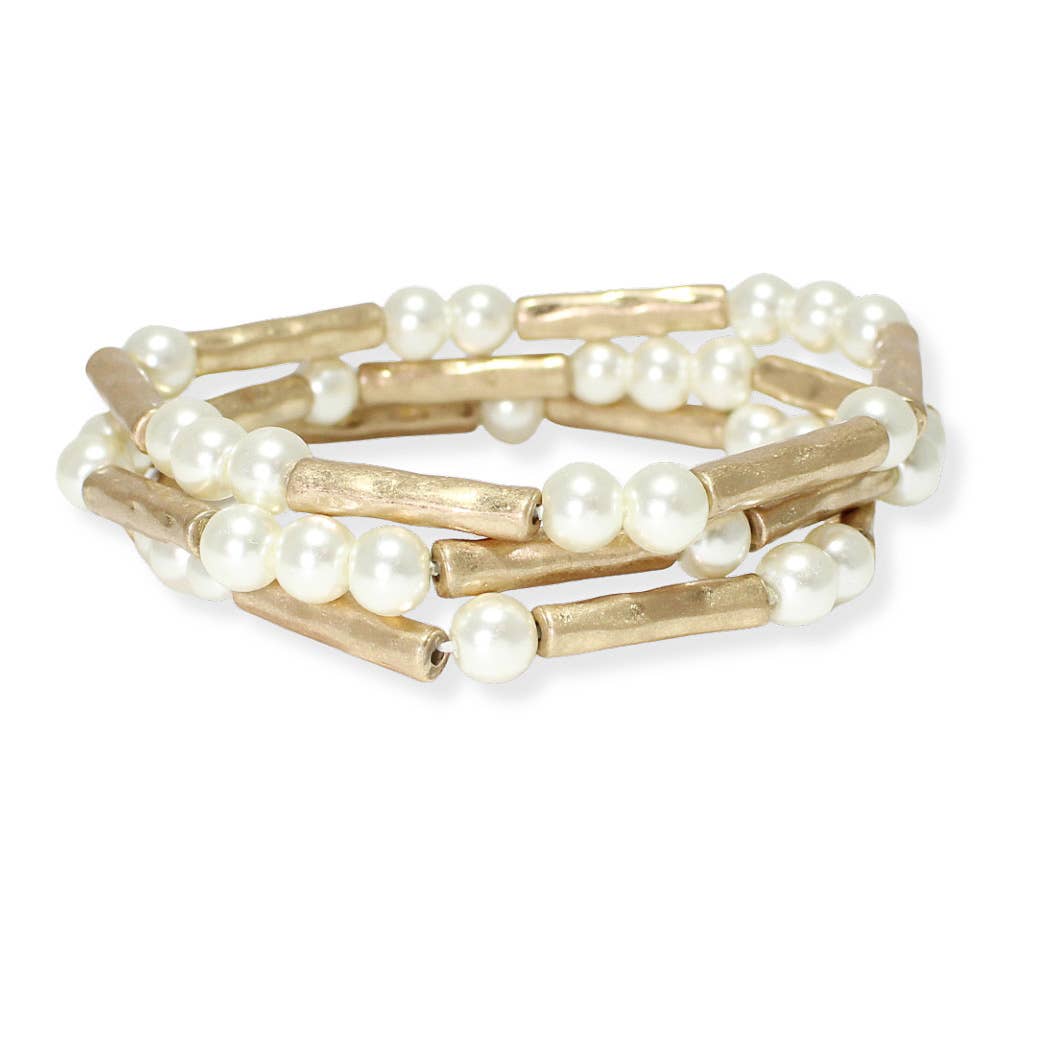 Hammered metal layered pearl bracelet: g/c