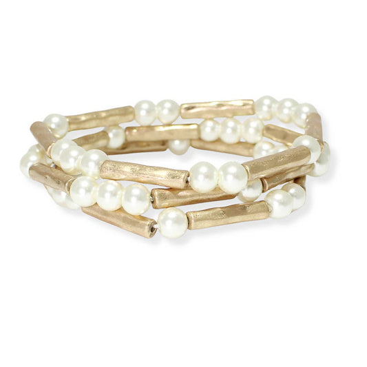 Hammered metal layered pearl bracelet: g/c