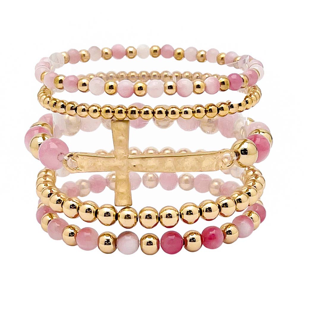 Cross with resin beaded multi layered stretch bracelet: BPINK / ONE SIZE