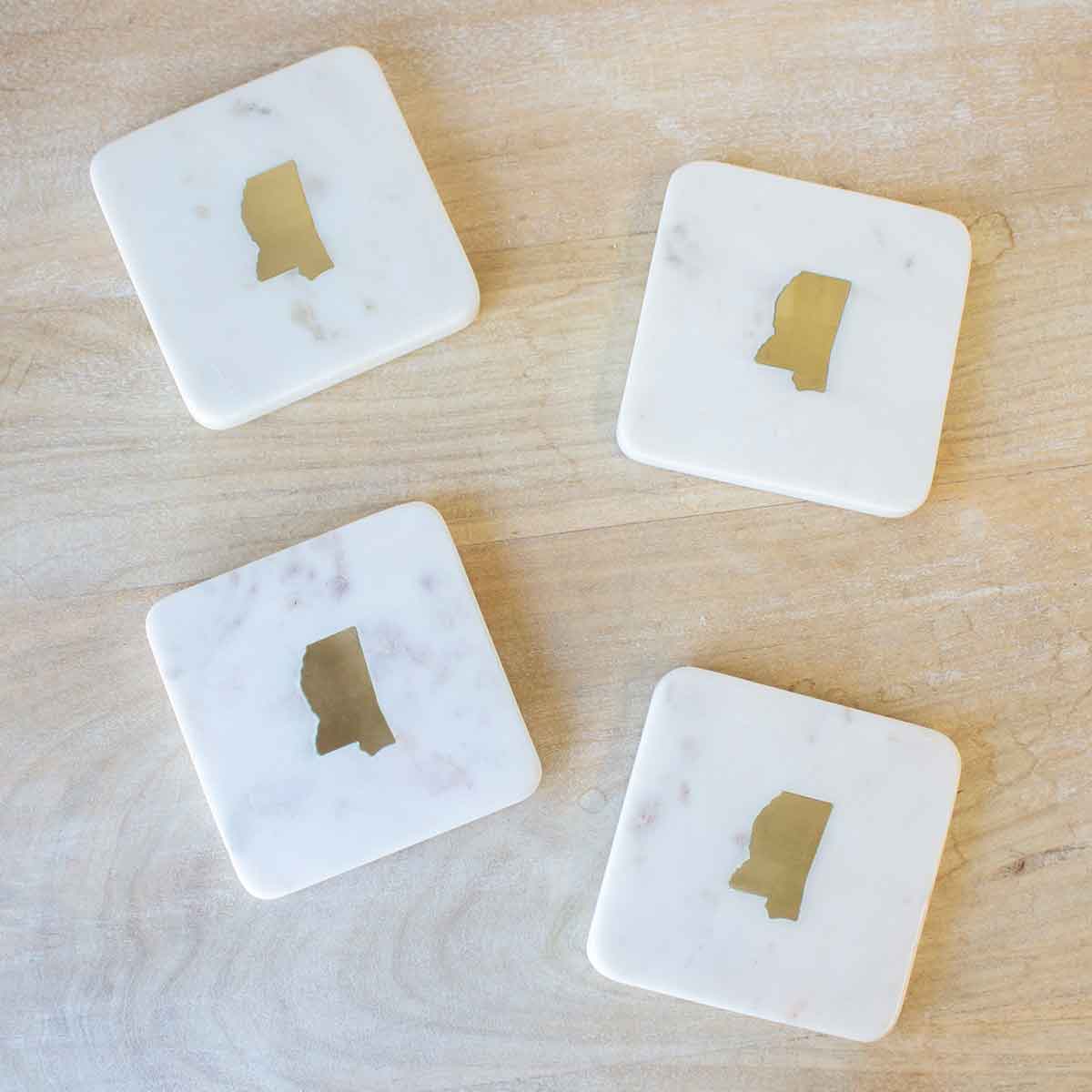 Mississippi Marble Coasters White/Brass 4x4 Set of 4