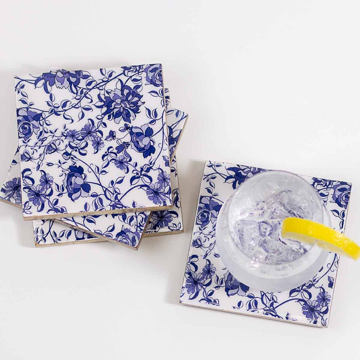 Bella Coasters Natural/Blue/White 4x4x.25 Set of 4