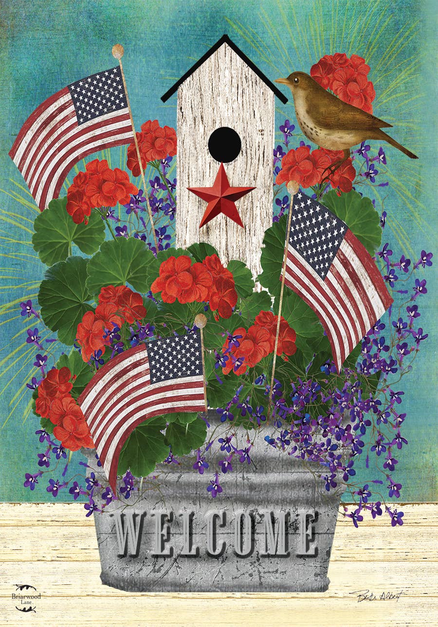 All American Birdhouse Floral Garden Flag