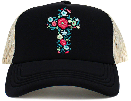 Floral Cross Meshback Ballcap: Black