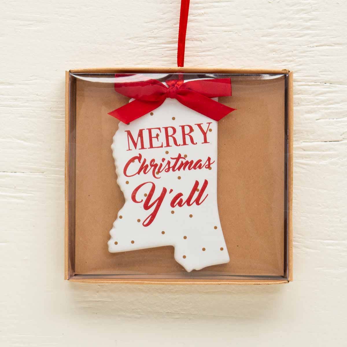 Mississippi Merry Christmas Y'all Ornament  White/Red/Gold   4"