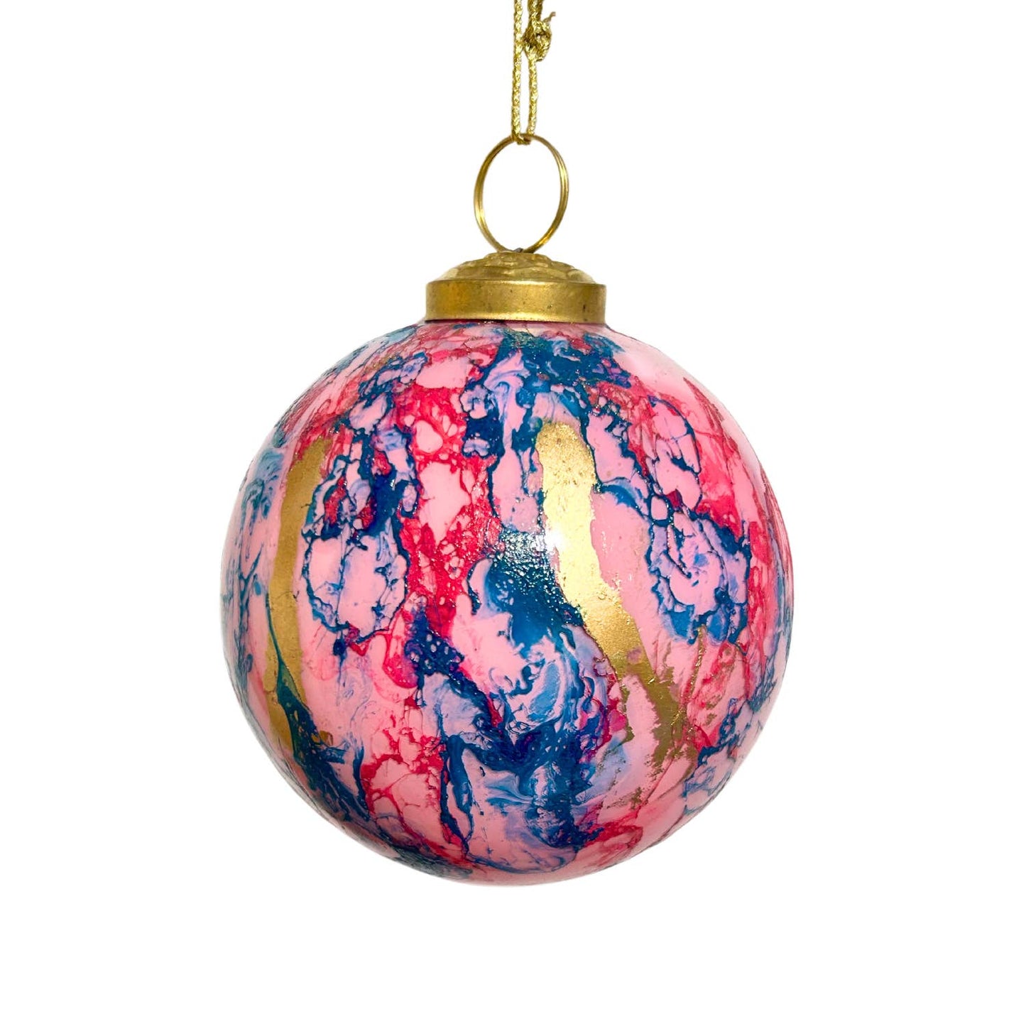 BLUE/PINK/GOLD WATERCOLOR GLASS BALL ORNAMENT 6"