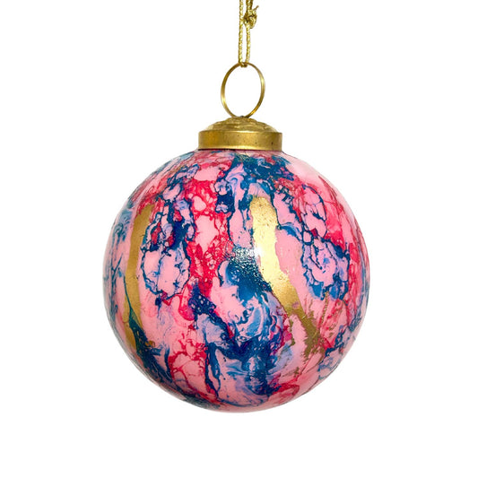 BLUE/PINK/GOLD WATERCOLOR GLASS BALL ORNAMENT 6"