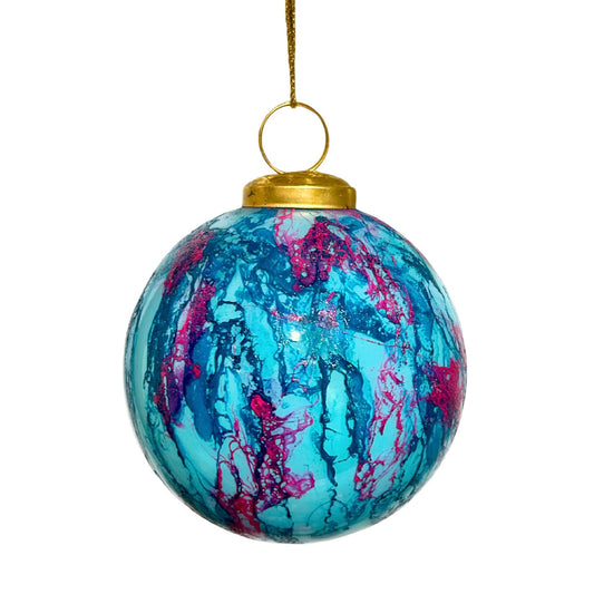 TURQ/PINK WATERCOLOR GLASS BALL ORNAMENT 6"