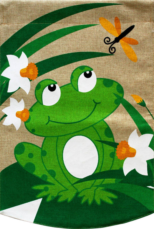Happy Frog Burlap Garden Flag