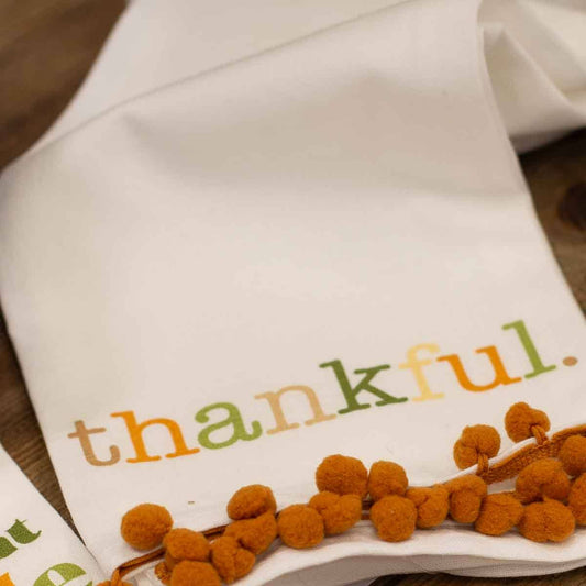 Thankful Pom Pom Hand Towel   White/Multi   20x28