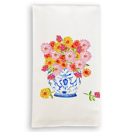 Blue & White Ginger Jar w/ Fresh Zinnia's Dish Towel