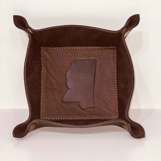 Mississippi Leather Embossed Valet Tray   Dark Brown   8x8