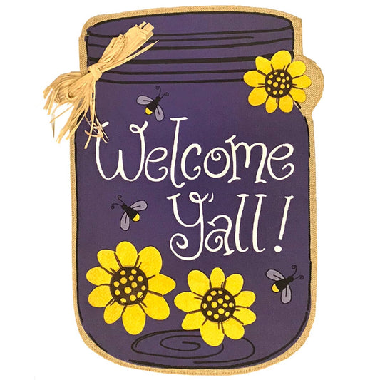 Welcome Y'all Jar Burlap Garden Flag
