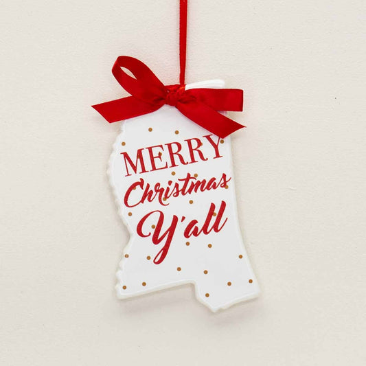Mississippi Merry Christmas Y'all Ornament  White/Red/Gold   4"